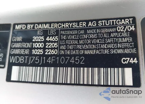 2004 Mercedes-Benz Clk 500 из США, поврежденный, VIN WDBTJ75J14F107452